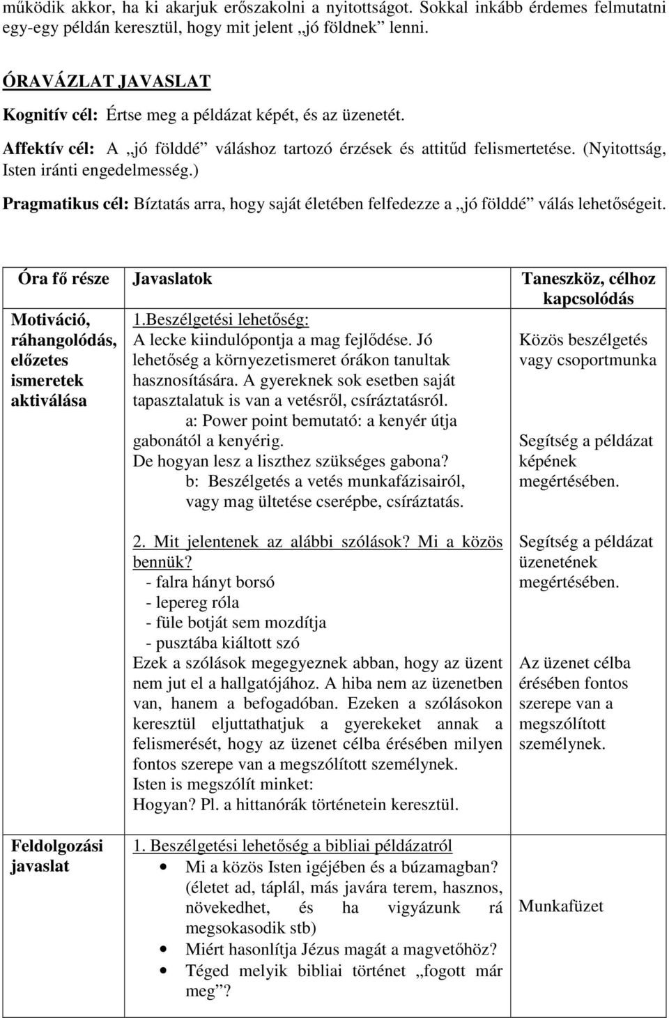 ) Pragmatikus cél: Bíztatás arra, hogy saját életében felfedezze a jó földdé válás lehetőségeit.