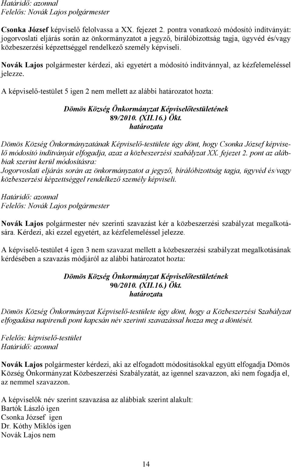 A képviselő-testület 5 igen 2 nem mellett az alábbi határozatot hozta: 89/2010. (XII.16.) Ökt. módosító indítványát elfogadja, azaz a közbeszerzési szabályzat XX. fejezet 2.