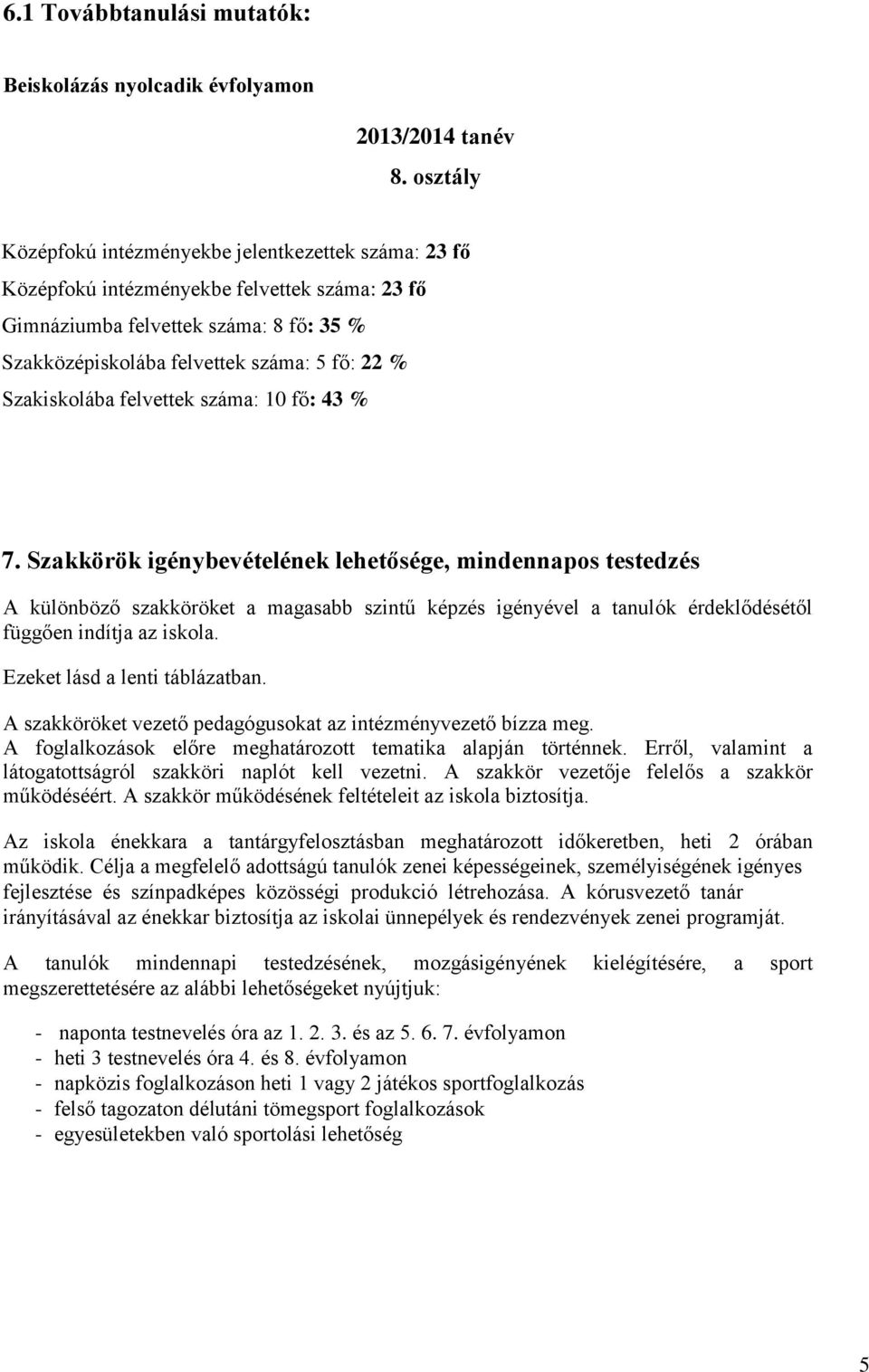 Szakiskolába felvettek száma: 10 fő: 43 % 7.