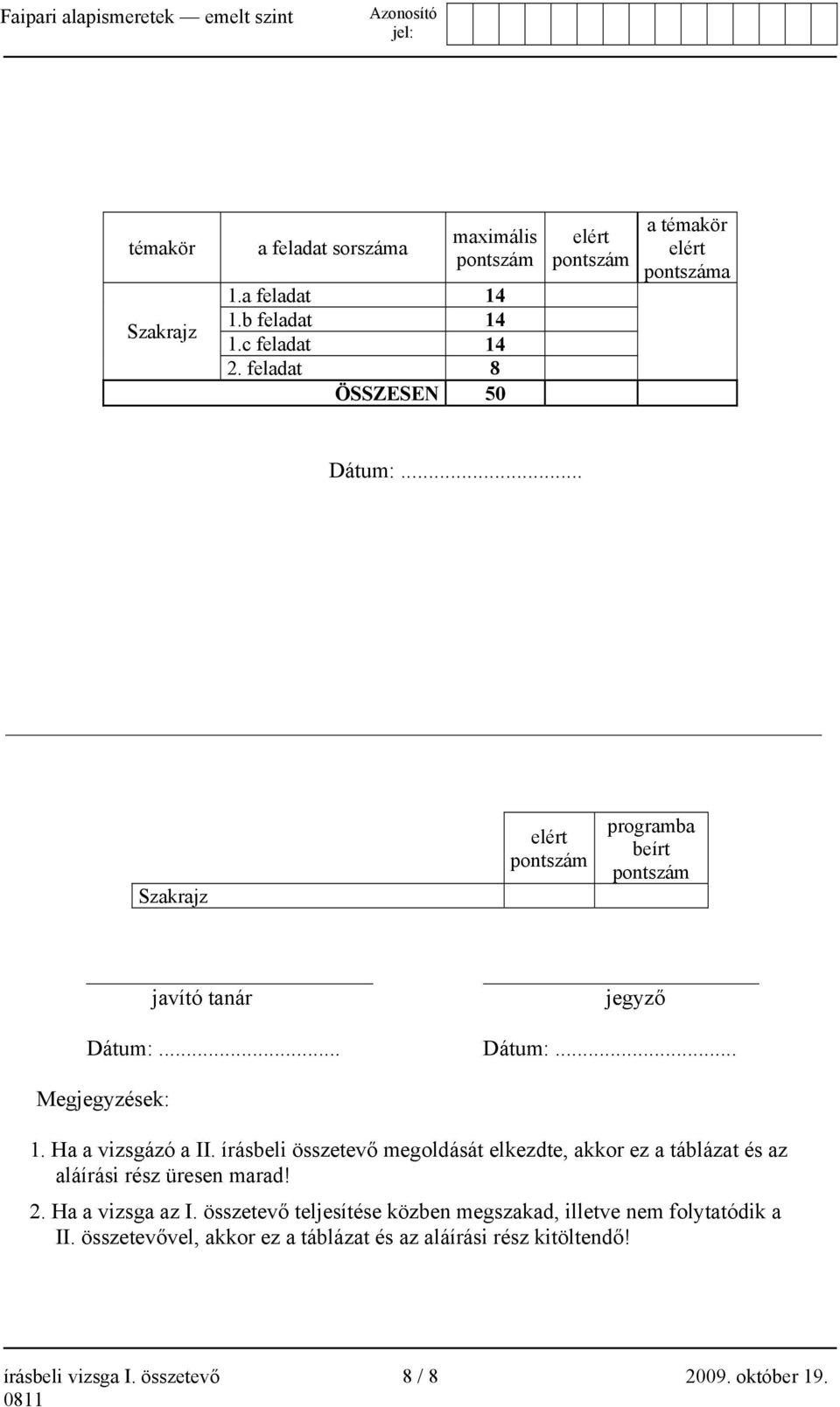 .. Dátum:... Megjegyzések: 1. Ha a vizsgázó a II. írásbeli összetevő megoldását elkezdte, akkor ez a táblázat és az aláírási rész üresen marad! 2.