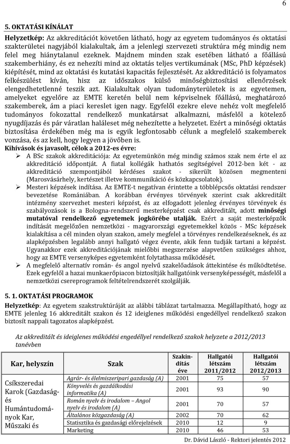 Majdnem minden szak esetében látható a főállású szakemberhiány, és ez nehezíti mind az oktatás teljes vertikumának (MSc, PhD képzések) kiépítését, mind az oktatási és kutatási kapacitás fejlesztését.