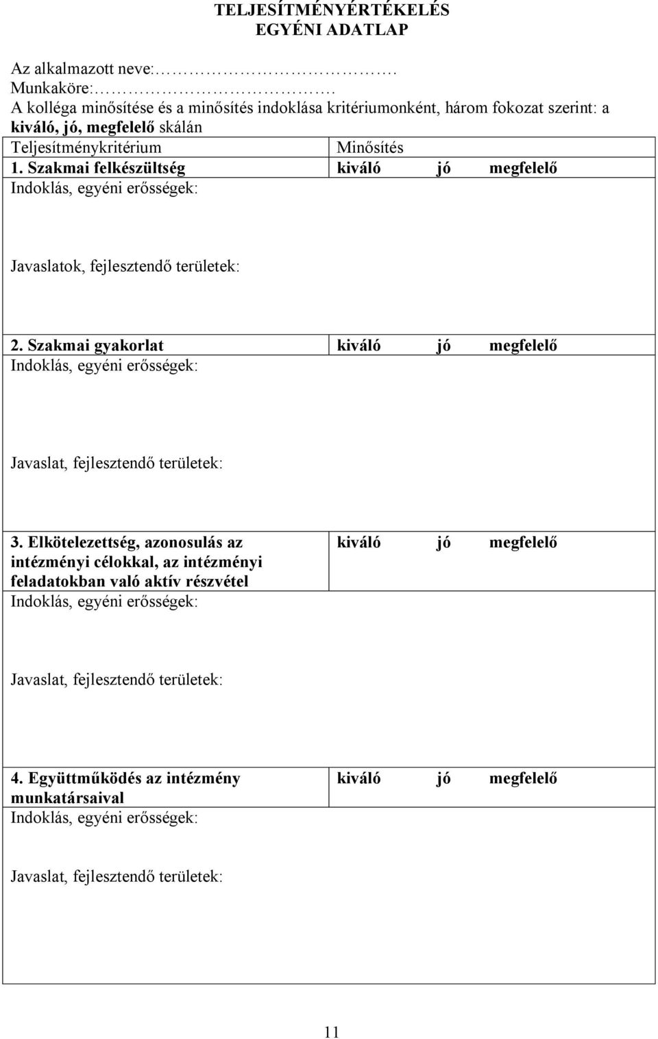 Szakmai felkészültség kiváló jó megfelelő Indoklás, egyéni erősségek: Javaslatok, fejlesztendő területek: 2.