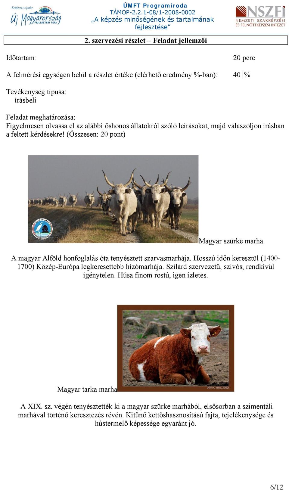 (Összesen: 20 pont) Magyar szürke marha A magyar Alföld honfoglalás óta tenyésztett szarvasmarhája. Hosszú időn keresztül (1400-1700) Közép-Európa legkeresettebb hízómarhája.