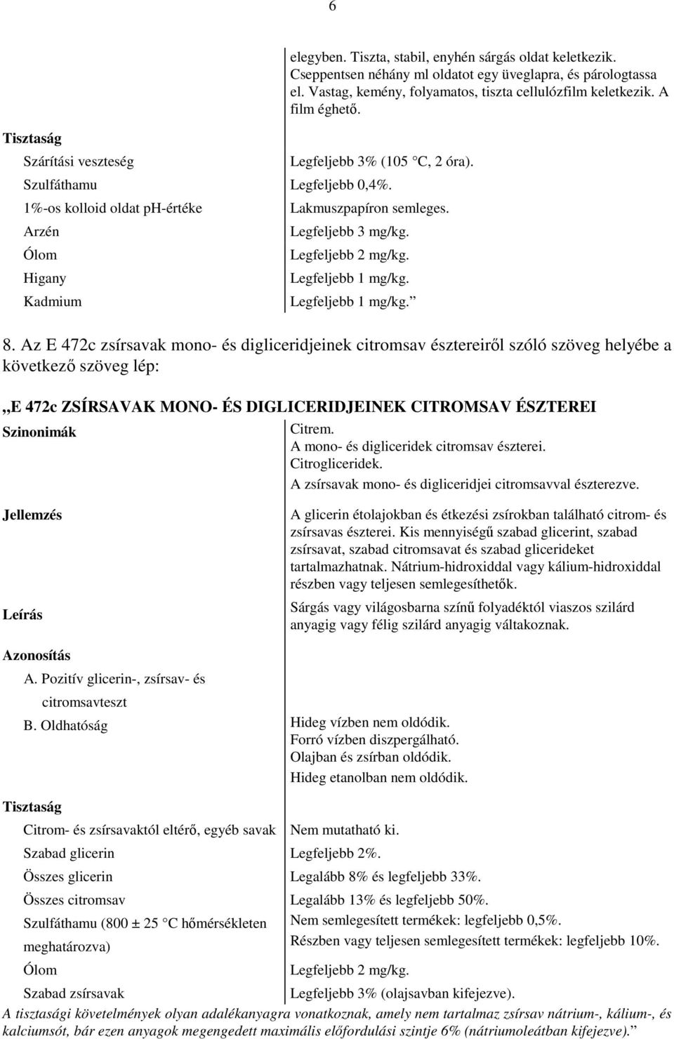 Az E 472c zsírsavak mono- és digliceridjeinek citromsav észtereiről szóló szöveg helyébe a következő szöveg lép: E 472c ZSÍRSAVAK MONO- ÉS DIGLICERIDJEINEK CITROMSAV ÉSZTEREI Citrem.