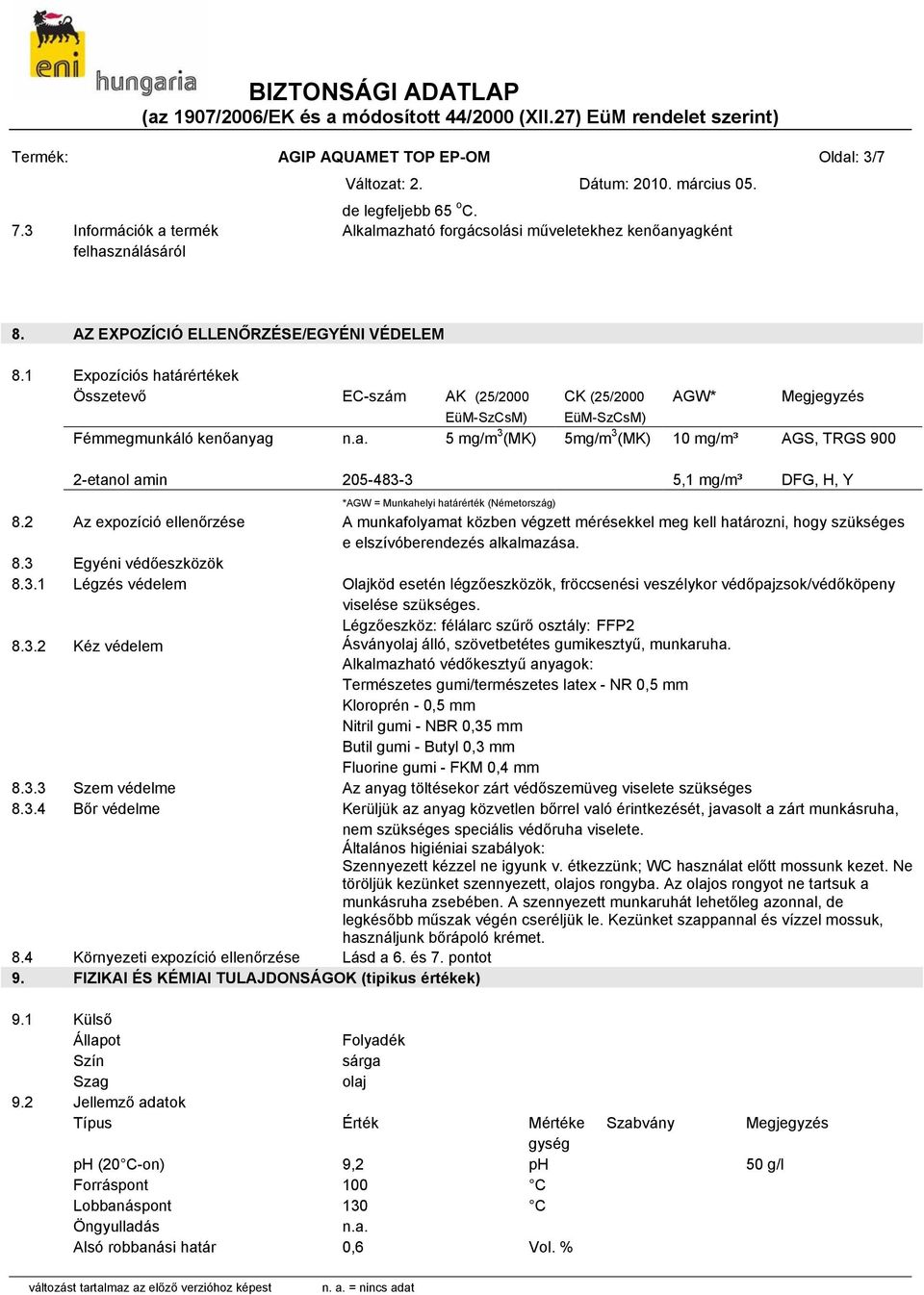 1 Expozíciós határértékek Összetevő EC-szám AK (25/2000 EüM-SzCsM) CK (25/2000 EüM-SzCsM) AGW* Fémmegmunkáló kenőanyag 5 mg/m 3 (MK) 5mg/m 3 (MK) 10 mg/m³ Megjegyzés AGS, TRGS 900 2-etanol amin