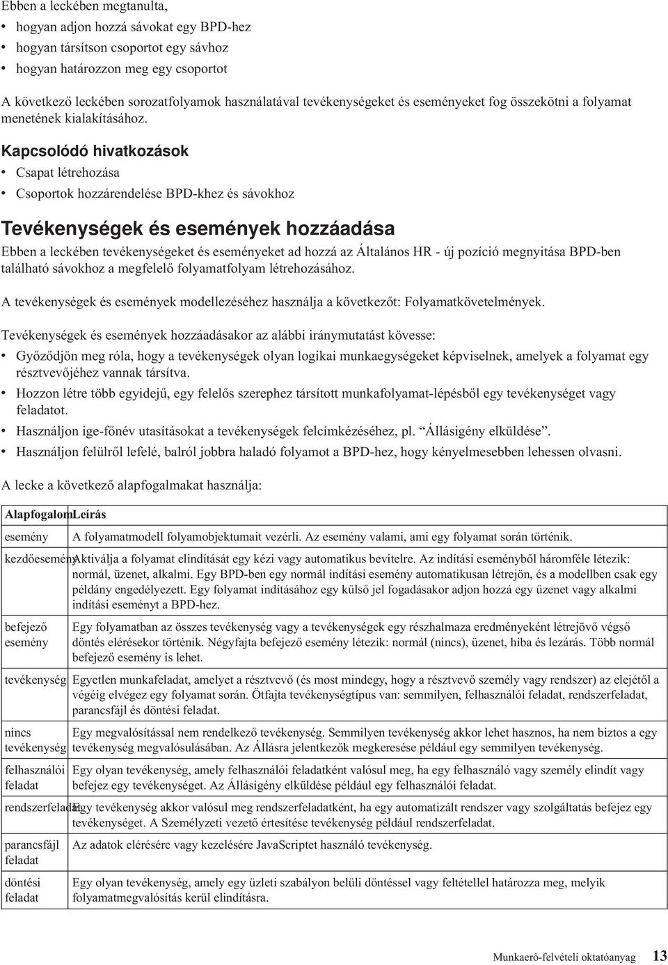 Kapcsolódó hivatkozások v Csapat létrehozása v Csoportok hozzárendelése BPD-khez és sávokhoz Tevékenységek és események hozzáadása Ebben a leckében tevékenységeket és eseményeket ad hozzá az