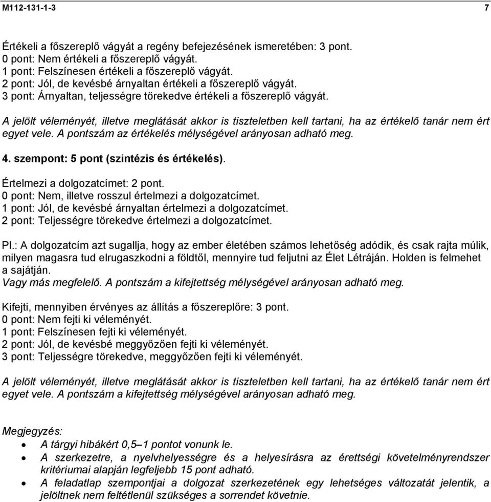 A jelölt véleményét, illetve meglátását akkor is tiszteletben kell tartani, ha az értékelő tanár nem ért egyet vele. A pontszám az értékelés mélységével arányosan adható meg. 4.