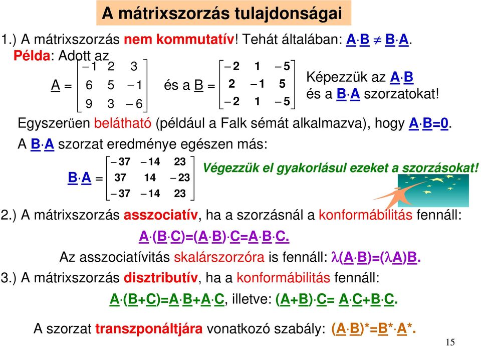.) A mátrixszorzás asszociatív, ha a szorzásnál a konformábilitás fennáll: A (B C)=(A B) C=A B C. Az asszociatívitás skalárszorzóra is fennáll: λ(a B)=(λA)B.