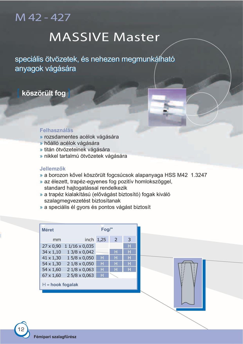 3247» az élezett, trapéz-egyenes fog pozitív homlokszöggel, standard hajtogatással rendelkezik» a trapéz kialakítású (elővágást biztosító) fogak kiváló szalagmegvezetést