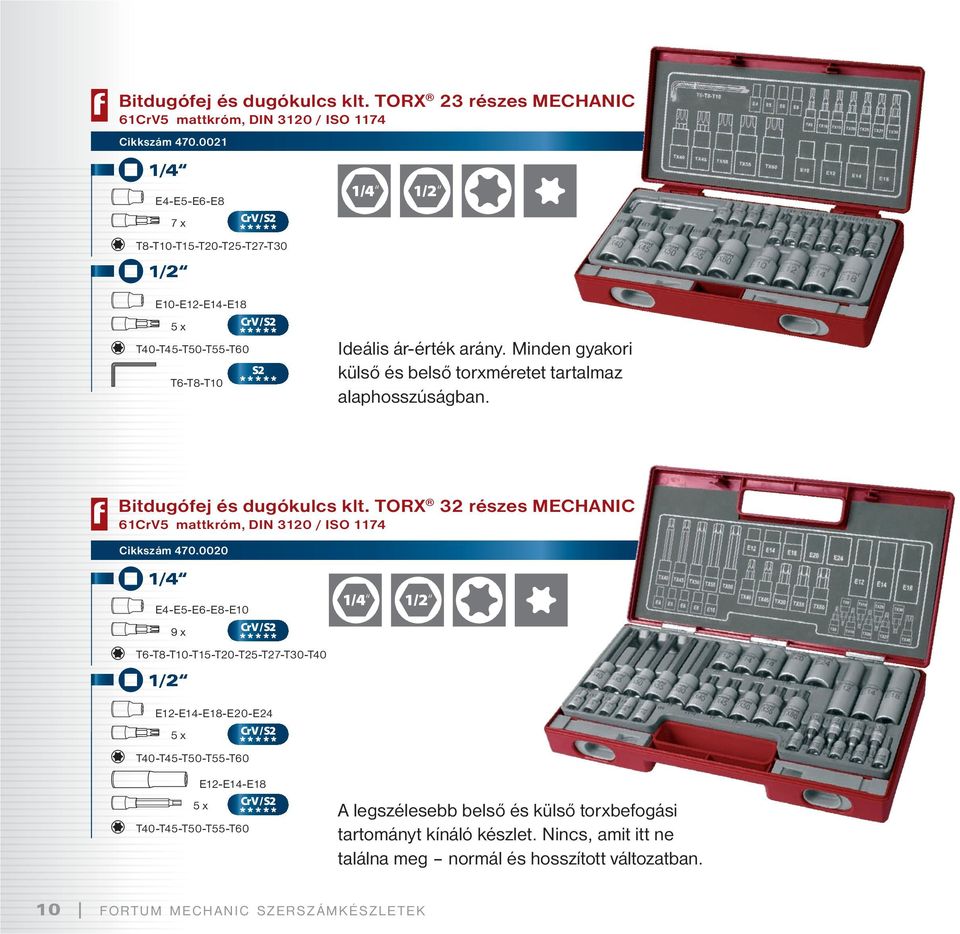 Minden gyakori külső és belső torxméretet tartalmaz alaphosszúságban. Bitdugófej és dugókulcs klt. TORX 32 részes MECHANIC mattkróm, DIN 3120 / ISO 1174 Cikkszám 470.