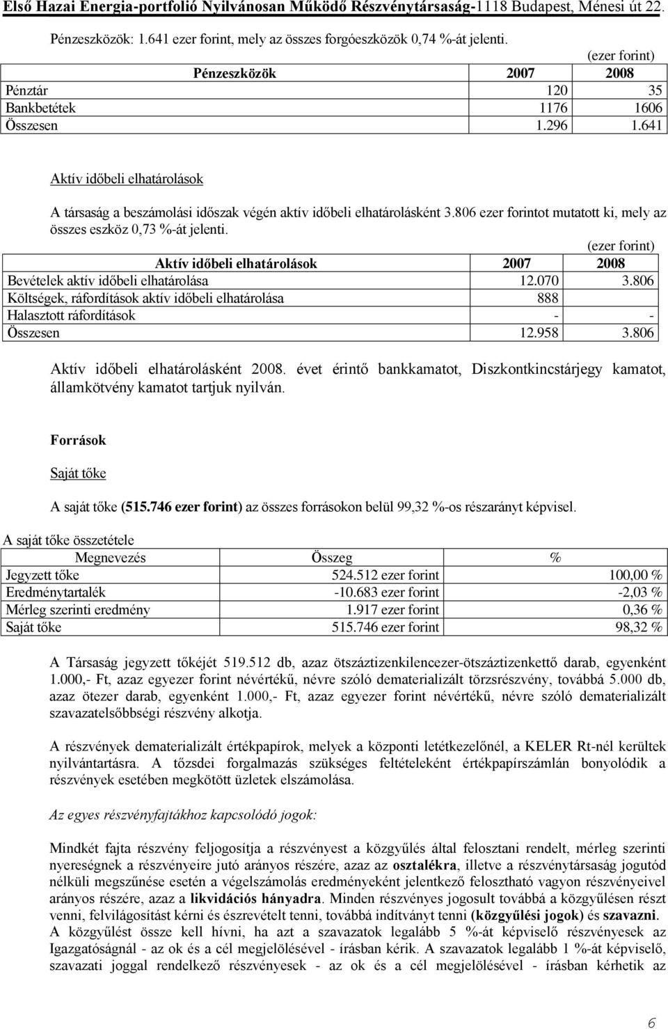 (ezer forint) Aktív időbeli elhatárolások 2007 2008 Bevételek aktív időbeli elhatárolása 12.070 3.806 Költségek, ráfordítások aktív időbeli elhatárolása 888 Halasztott ráfordítások - - Összesen 12.