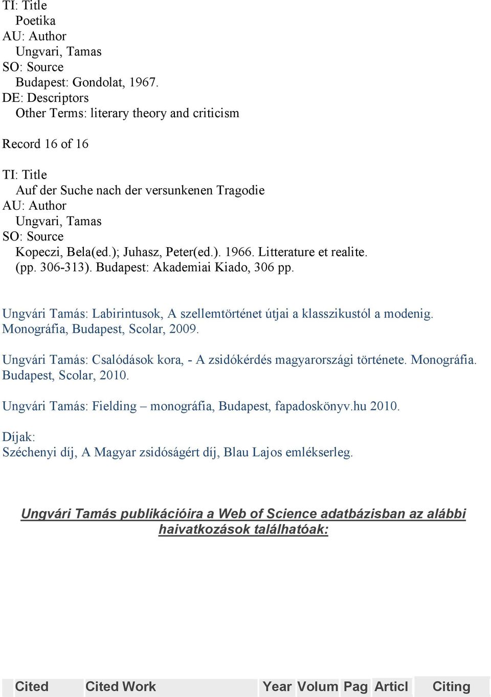 Ungvári Tamás: Csalódások kora, - A zsidókérdés magyarországi története. Monográfia. Budapest, Scolar, 200. Ungvári Tamás: Fielding monográfia, Budapest, fapadoskönyv.hu 200.