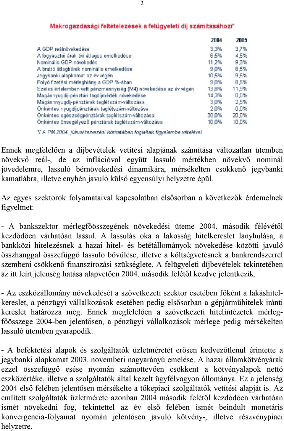 Az egyes szektorok folyamataival kapcsolatban elsősorban a következők érdemelnek figyelmet: - A bankszektor mérlegfőösszegének növekedési üteme 2004. második félévétől kezdődően várhatóan lassul.