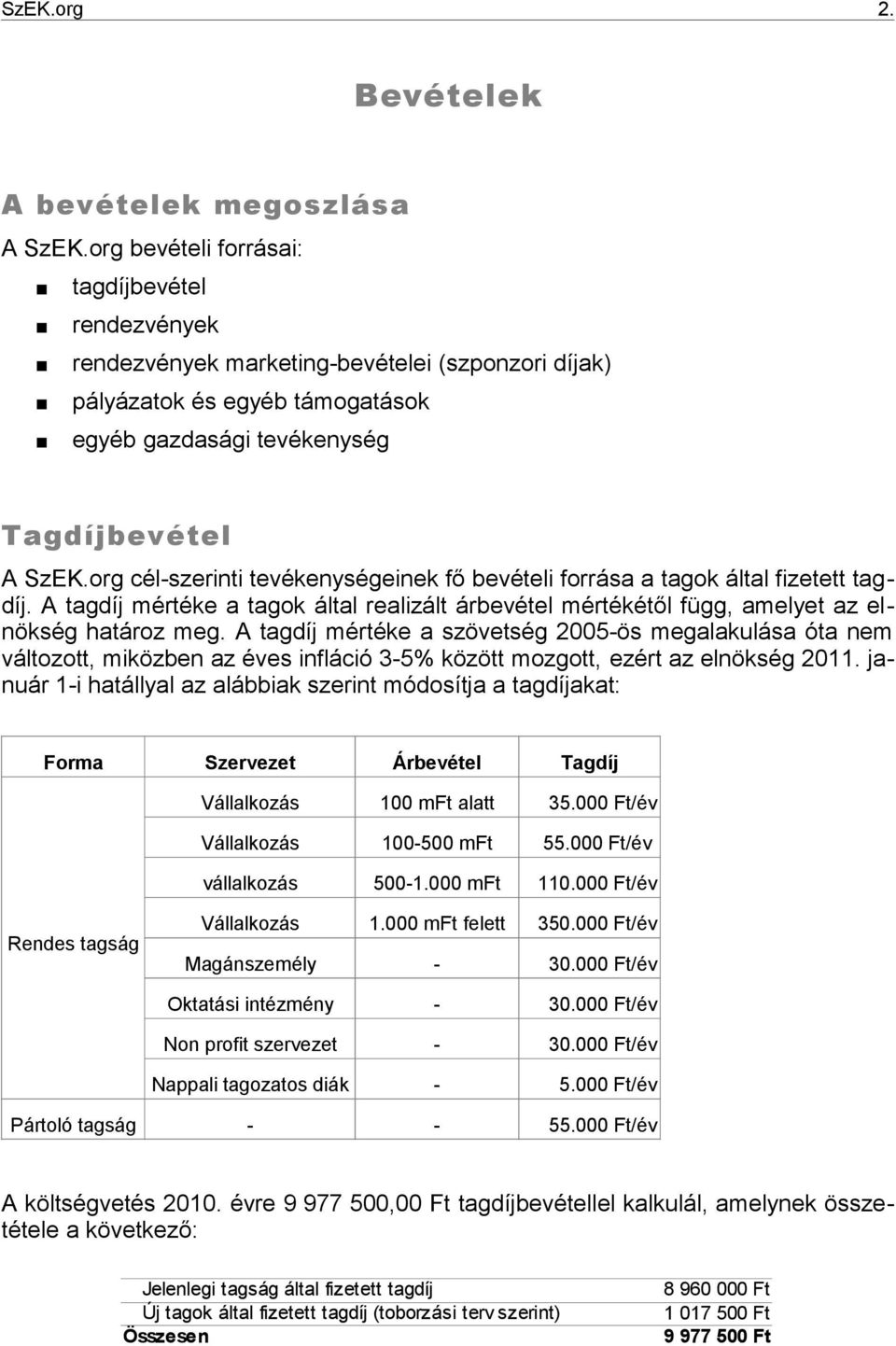 org cél-szerinti tevékenységeinek fő bevételi forrása a tagok által fizetett tagdíj. A tagdíj mértéke a tagok által realizált árbevétel mértékétől függ, amelyet az elnökség határoz meg.