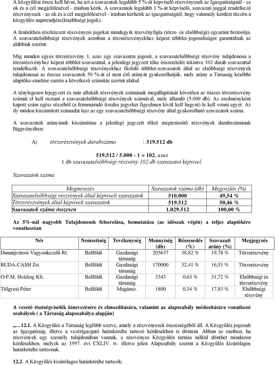 napirendjére(kisebbségi jogok). A fentiekben részletezett részvényesi jogokat mindegyik részvényfajta (törzs- és elsőbbségi) egyaránt biztosítja.