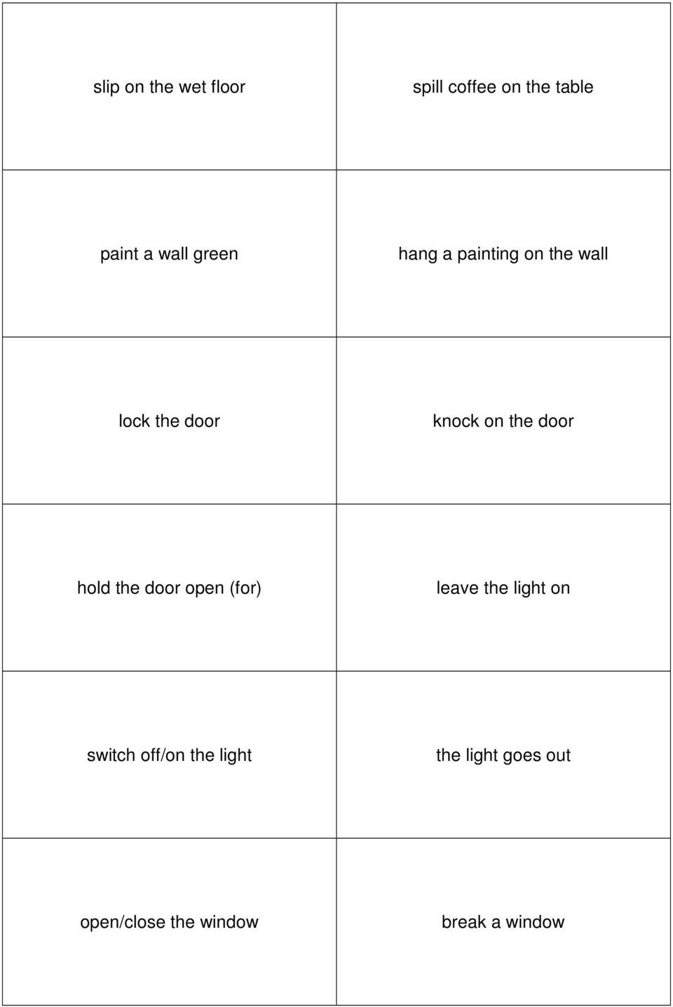 door hold the door open (for) leave the light on switch off/on