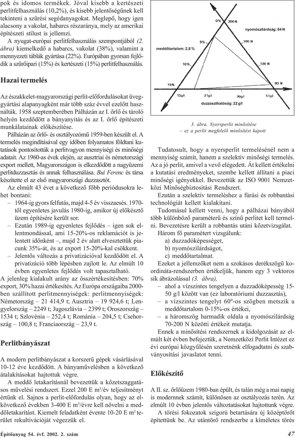 ábra) kiemelkedõ a habarcs, vakolat (38%), valamint a mennyezeti táblák gyártása (22%). Európában gyorsan fejlõdik a szûrõipari (15%) és kertészeti (15%) perlitfelhasználás.