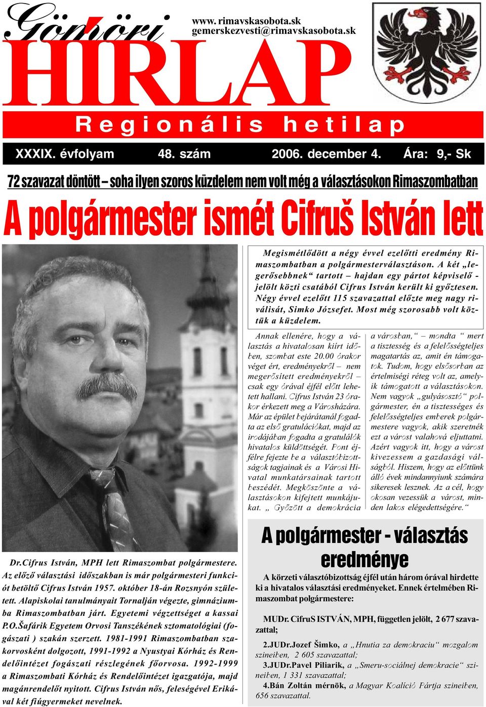 Rimaszombatban a polgármesterválasztáson. A két legerõsebbnek tartott hajdan egy pártot képviselõ jelölt közti csatából Cifrus István került ki gyõztesen.