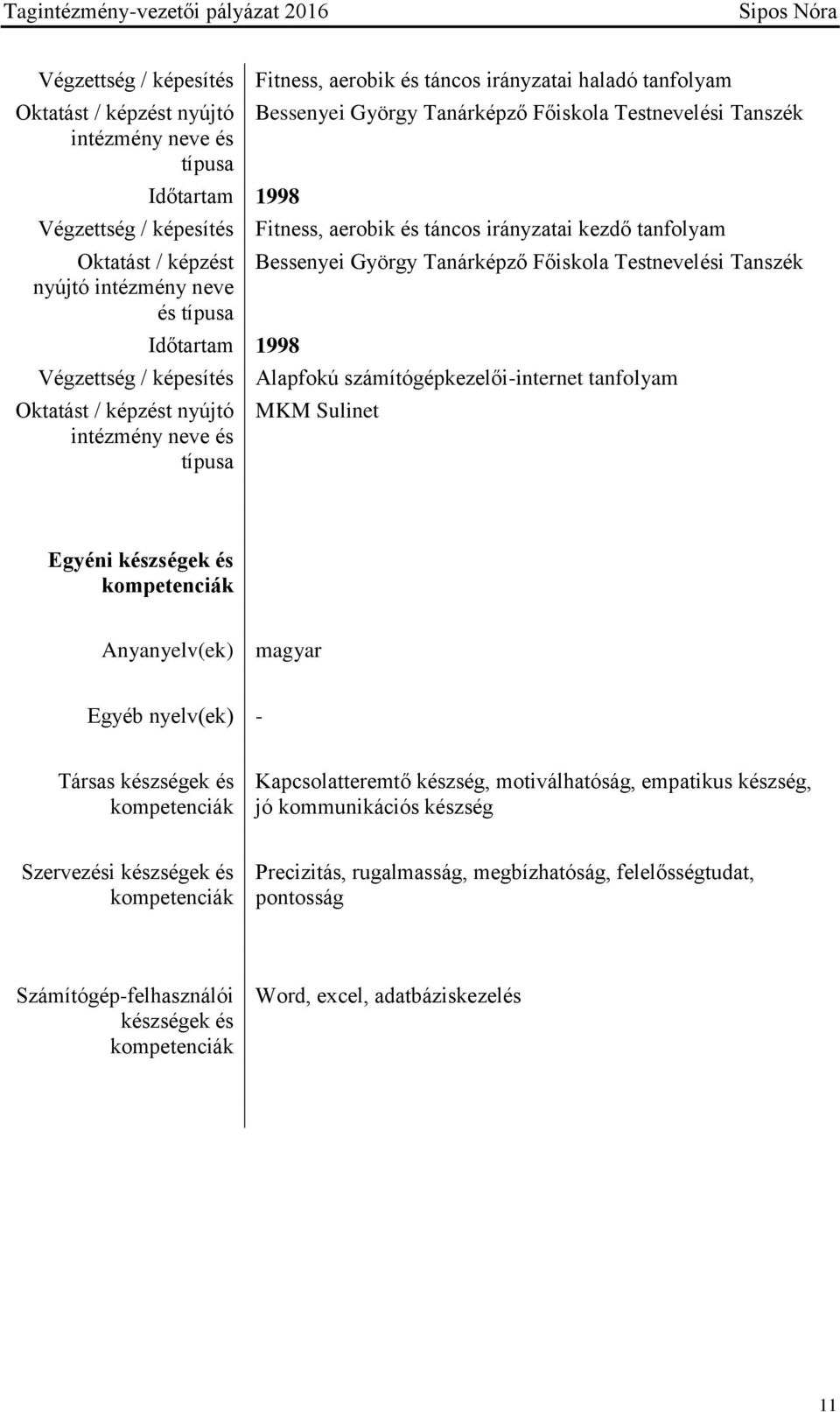 Testnevelési Tanszék Végzettség / képesítés Alapfokú számítógépkezelői-internet tanfolyam Oktatást / képzést nyújtó intézmény neve és típusa MKM Sulinet Egyéni készségek és kompetenciák Anyanyelv(ek)