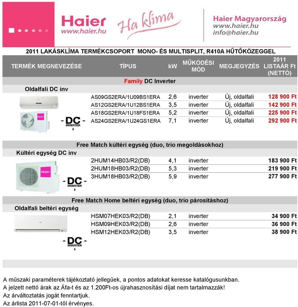 egység (duo, trio megoldásokhoz) Kültéri egység DC inv 2HUM14HB03/R2(DB) 4,1 inverter 2HUM18HB03/R2(DB) 5,3 inverter 3HUM18HB03/R2(DB) 5,9 inverter 183 900 Ft 219 900 Ft 277 900 Ft Free Match Home