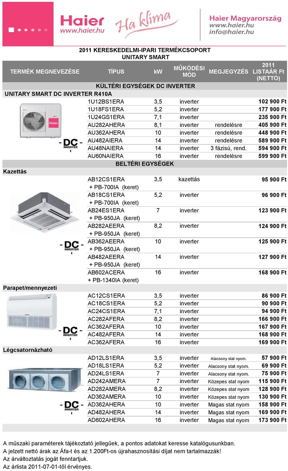 AU60NAIERA 16 inverter rendelésre Kazettás AB12CS1ERA 3,5 kazettás AB18CS1ERA 5,2 inverter AB24ES1ERA 7 inverter AB282AEERA 8,2 inverter AB362AEERA 10 inverter AB482AEERA 14 inverter AB602ACERA 16