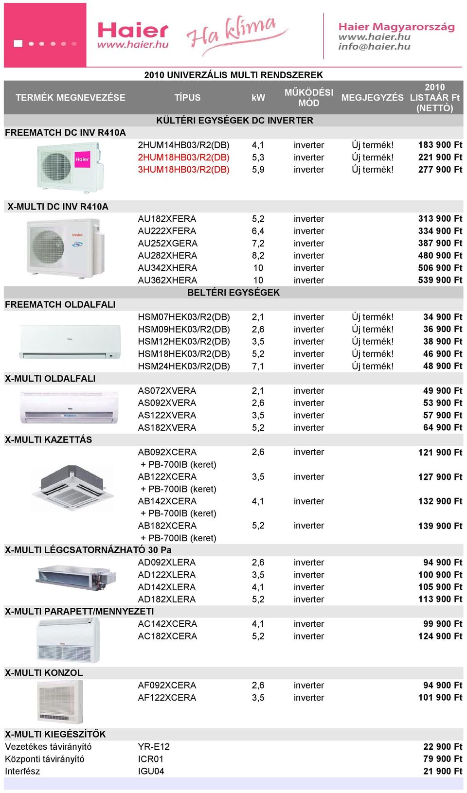 183 900 Ft 221 900 Ft 277 900 Ft X-MULTI DC INV R410A AU182XFERA 5,2 inverter AU222XFERA 6,4 inverter AU252XGERA 7,2 inverter AU282XHERA 8,2 inverter AU342XHERA 10 inverter AU362XHERA 10 inverter