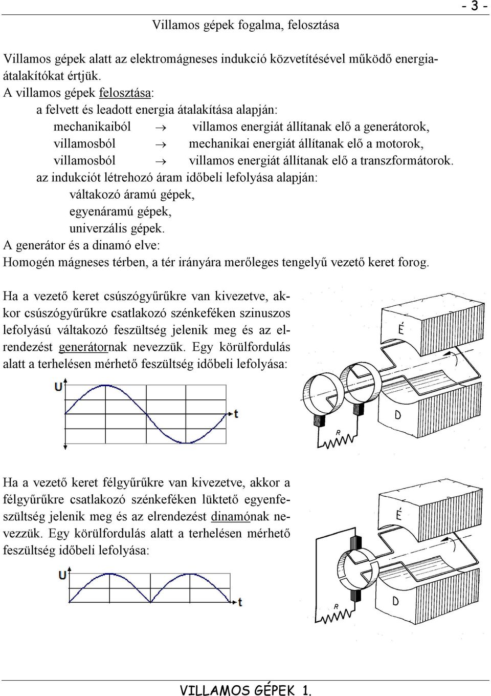 villamosból villamos energiát állítanak elő a transzformátorok. az indukciót létrehozó áram időbeli lefolyása alapján: váltakozó áramú gépek, egyenáramú gépek, univerzális gépek.