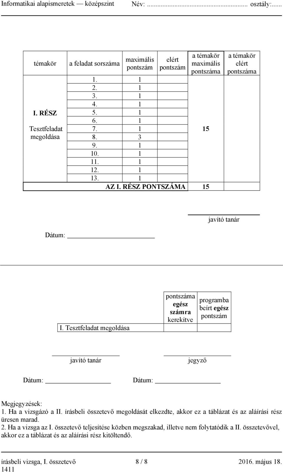 Tesztfeladat megoldása pontszáma egész számra kerekítve programba beírt egész pontszám javító tanár jegyző Dátum: Dátum: Megjegyzések: 1. Ha a vizsgázó a II.