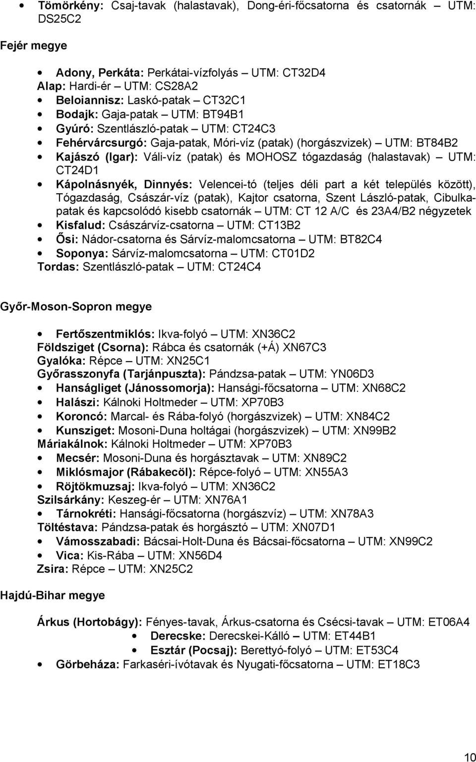 (halastavak) UTM: CT24D1 Kápolnásnyék, Dinnyés: Velencei-tó (teljes déli part a két település között), Tógazdaság, Császár-víz (patak), Kajtor csatorna, Szent László-patak, Cibulkapatak és kapcsolódó