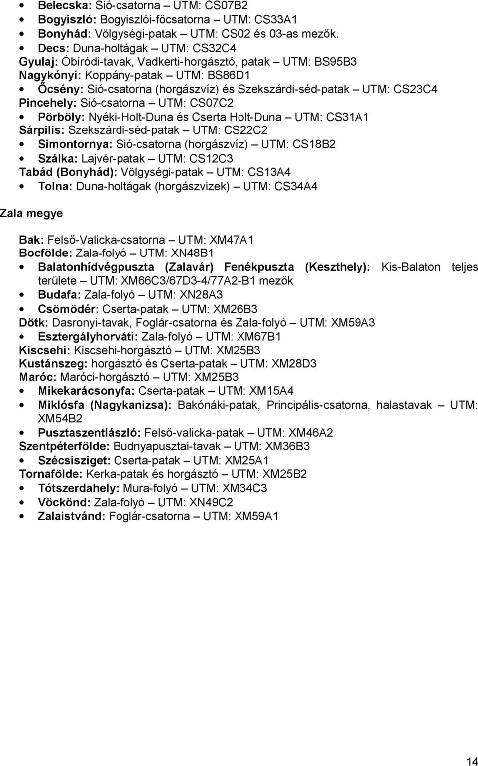 Pincehely: Sió-csatorna UTM: CS07C2 Pörböly: Nyéki-Holt-Duna és Cserta Holt-Duna UTM: CS31A1 Sárpilis: Szekszárdi-séd-patak UTM: CS22C2 Simontornya: Sió-csatorna (horgászvíz) UTM: CS18B2 Szálka: