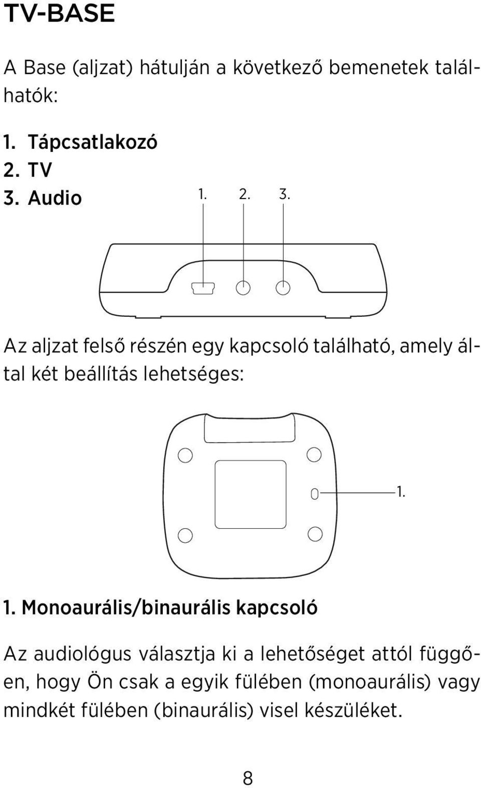 Audio 1. 2. 3. Az aljzat felső részén egy kapcsoló található, amely által két beállítás lehetséges: 1.