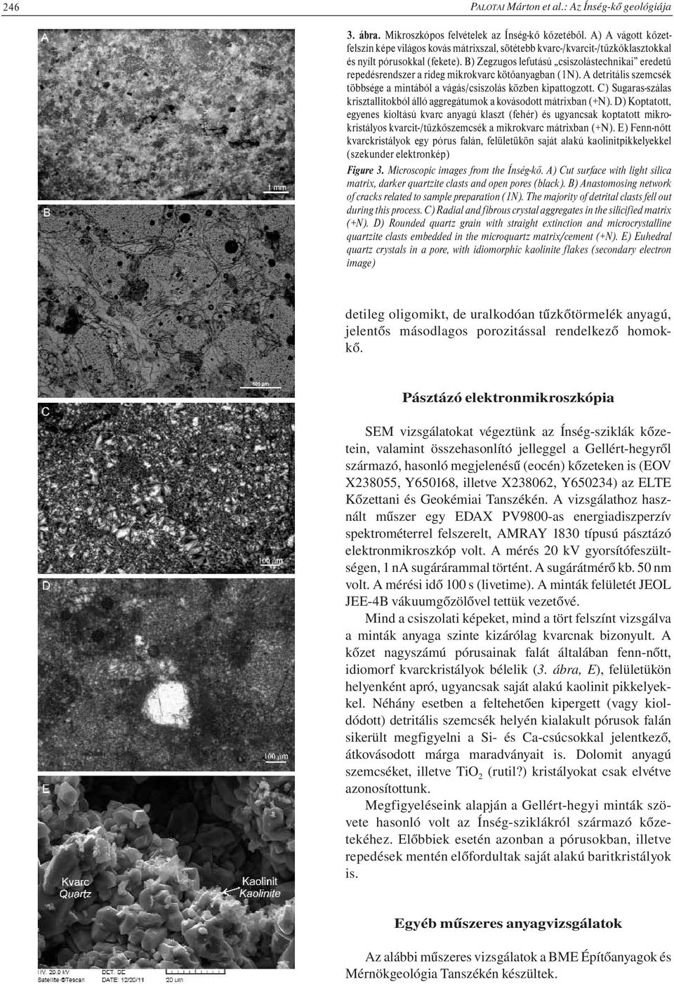 B) Zegzugos lefutású csiszolástechnikai eredetű repedésrendszer a rideg mikrokvarc kötőanyagban (1N). A detritális szemcsék többsége a mintából a vágás/csiszolás közben kipattogzott.