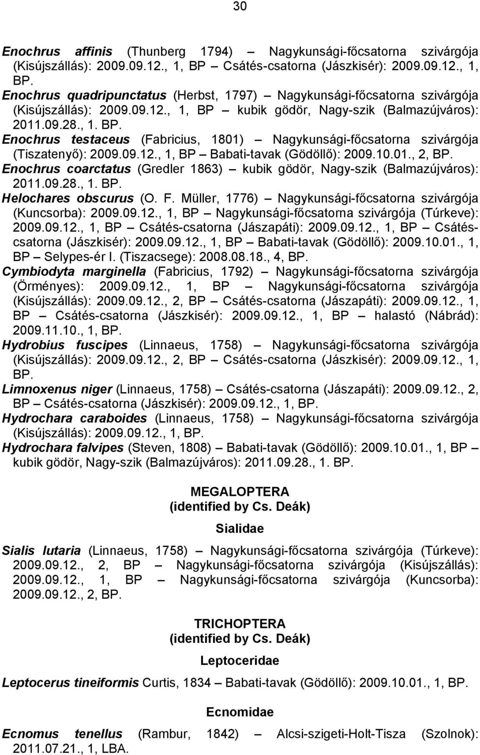 10.01., 2, Enochrus coarctatus (Gredler 1863) kubik gödör, Nagy-szik (Balmazújváros): 2011.09.28., 1. Helochares obscurus (O. F. Müller, 1776) Nagykunsági-főcsatorna szivárgója (Kuncsorba): 2009.09.12.
