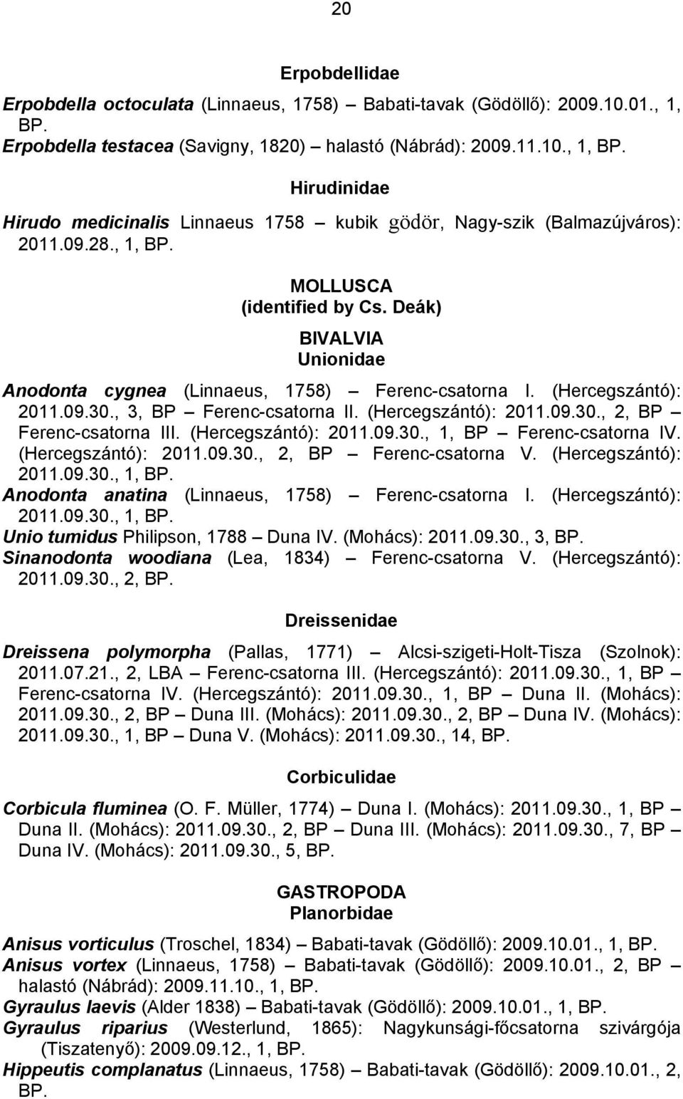 (Hercegszántó): 2011.09.30., 1, BP Ferenc-csatorna IV. (Hercegszántó): 2011.09.30., 2, BP Ferenc-csatorna V. (Hercegszántó): 2011.09.30., 1, Anodonta anatina (Linnaeus, 1758) Ferenc-csatorna I.