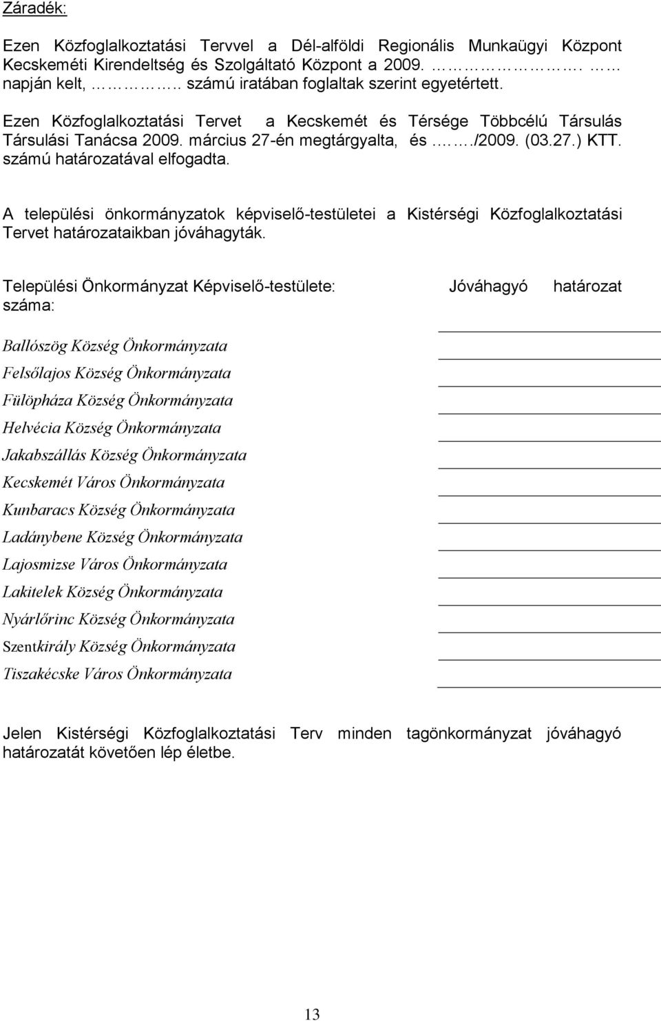 A települési önkormányzatok képviselő-testületei a Kistérségi Közfoglalkoztatási Tervet határozataikban jóváhagyták.