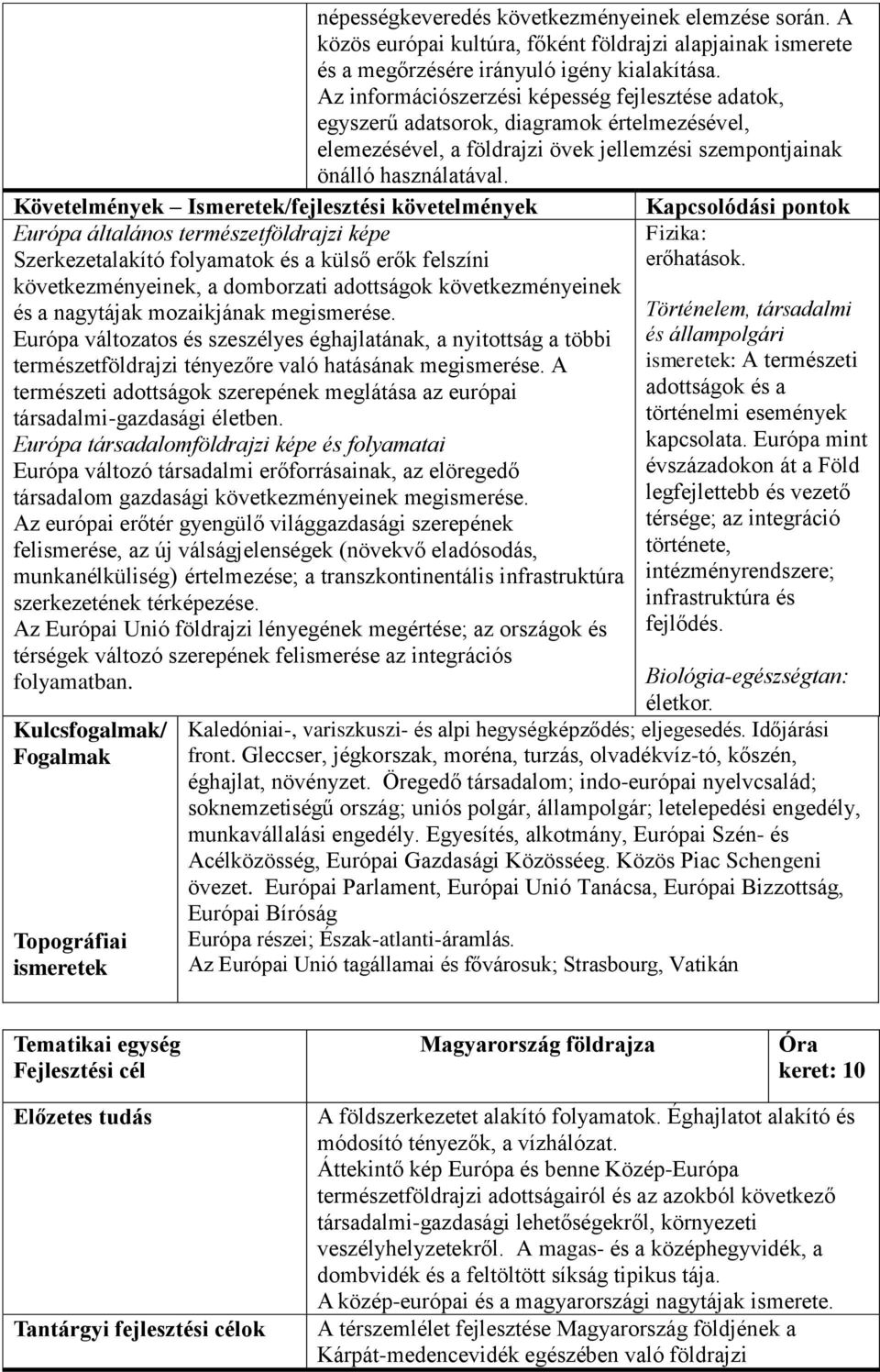 Európa általános természetföldrajzi képe Szerkezetalakító folyamatok és a külső erők felszíni következményeinek, a domborzati adottságok következményeinek és a nagytájak mozaikjának megismerése.