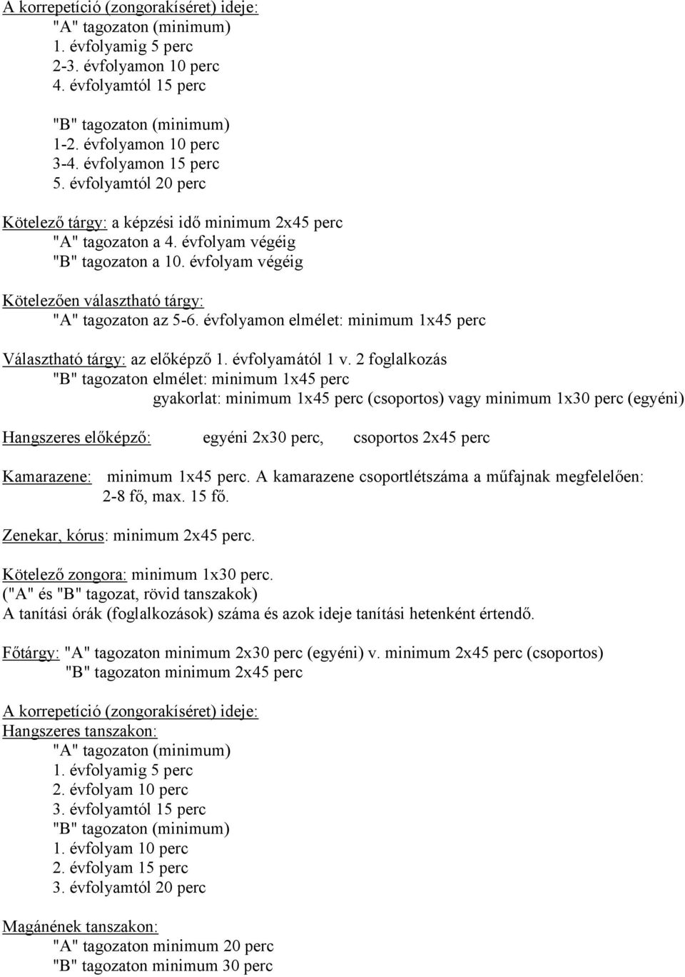 évfolyam végéig Kötelezően választható tárgy: "A" tagozaton az 5-6. évfolyamon elmélet: minimum 1x45 perc Választható tárgy: az előképző 1. évfolyamától 1 v.