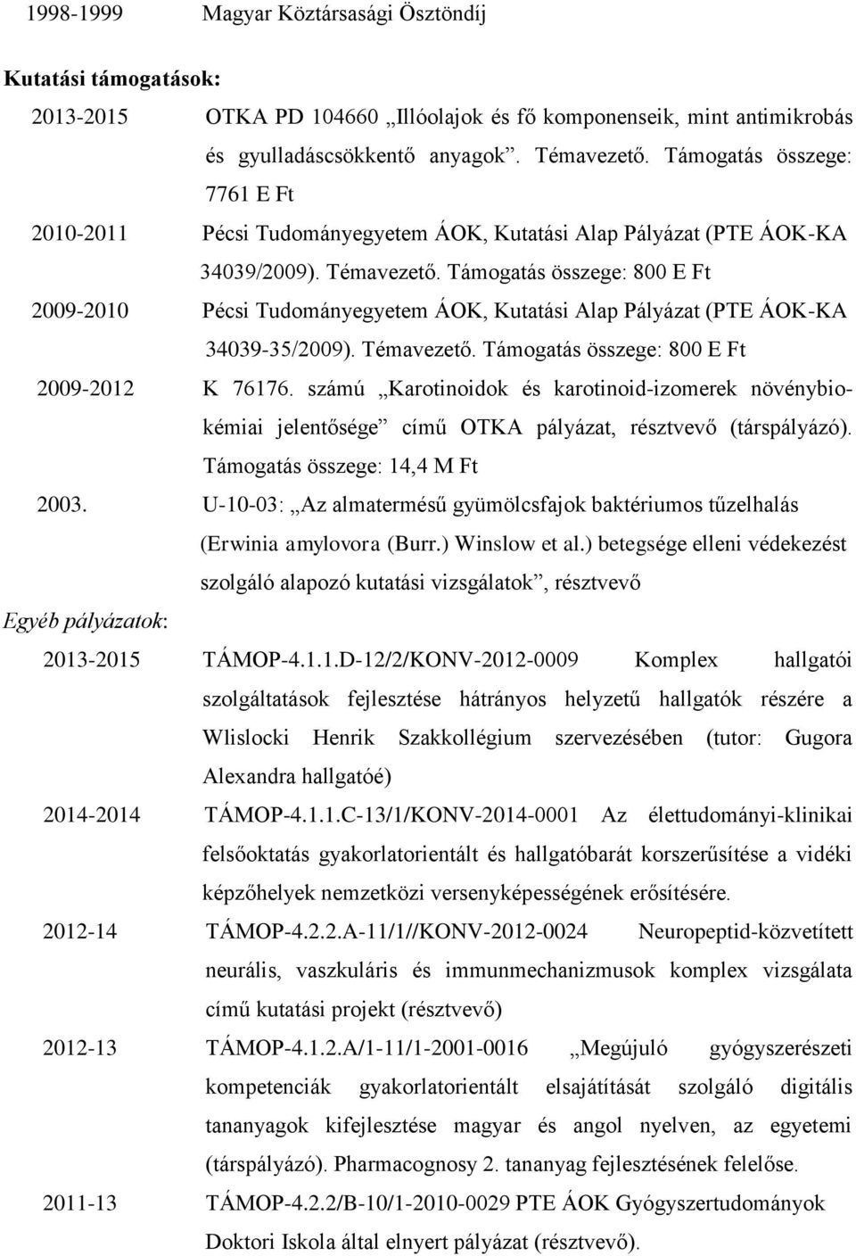 Támogatás összege: 800 E Ft 2009-2010 Pécsi Tudományegyetem ÁOK, Kutatási Alap Pályázat (PTE ÁOK-KA 34039-35/2009). Témavezető. Támogatás összege: 800 E Ft 2009-2012 K 76176.