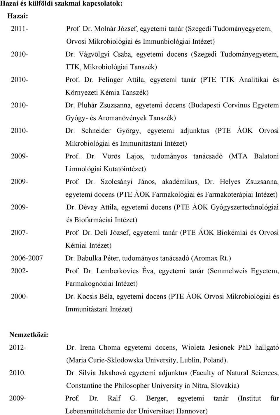 Pluhár Zsuzsanna, egyetemi docens (Budapesti Corvinus Egyetem Gyógy- és Aromanövények Tanszék) 2010- Dr.