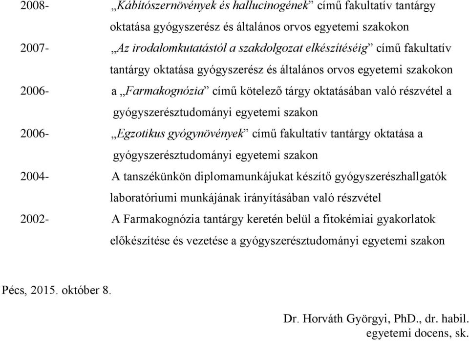 gyógynövények című fakultatív tantárgy oktatása a gyógyszerésztudományi egyetemi szakon 2004- A tanszékünkön diplomamunkájukat készítő gyógyszerészhallgatók laboratóriumi munkájának irányításában