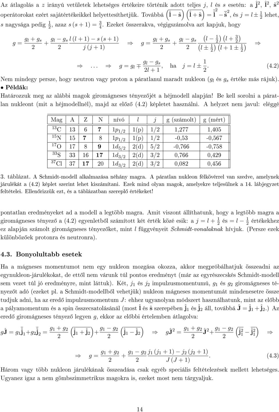 Ezeket összerakva, végigszámolva azt kapjuk, hogy g = g l + g s + g l g s l l + ) s s + ) g = g l + g s + g ) ) l g s l l + 3 ) ) j j + ) l ± l + ±... g = g l g l g s l +, ha j = l ±. 4.