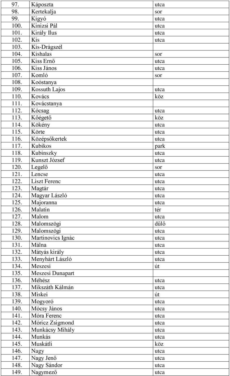 Kubinszky utca 119. Kunszt József utca 120. Legelő sor 121. Lencse utca 122. Liszt Ferenc utca 123. Magtár utca 124. Magyar László utca 125. Majoranna utca 126. Malatin tér 127. Malom utca 128.