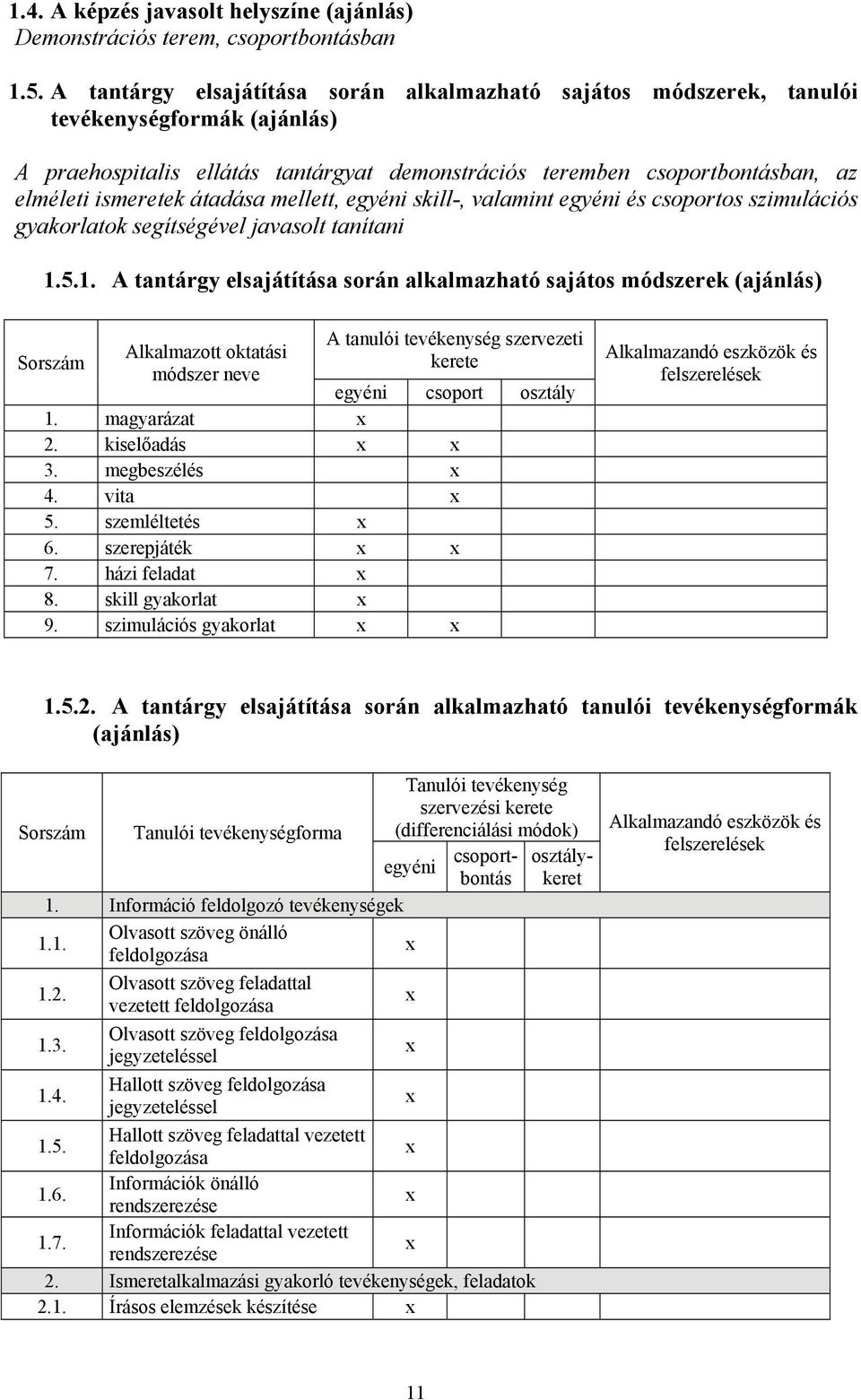 átadása mellett, egyéni skill-, valamint egyéni és csoportos szimulációs gyakorlatok segítségével javasolt tanítani 1.