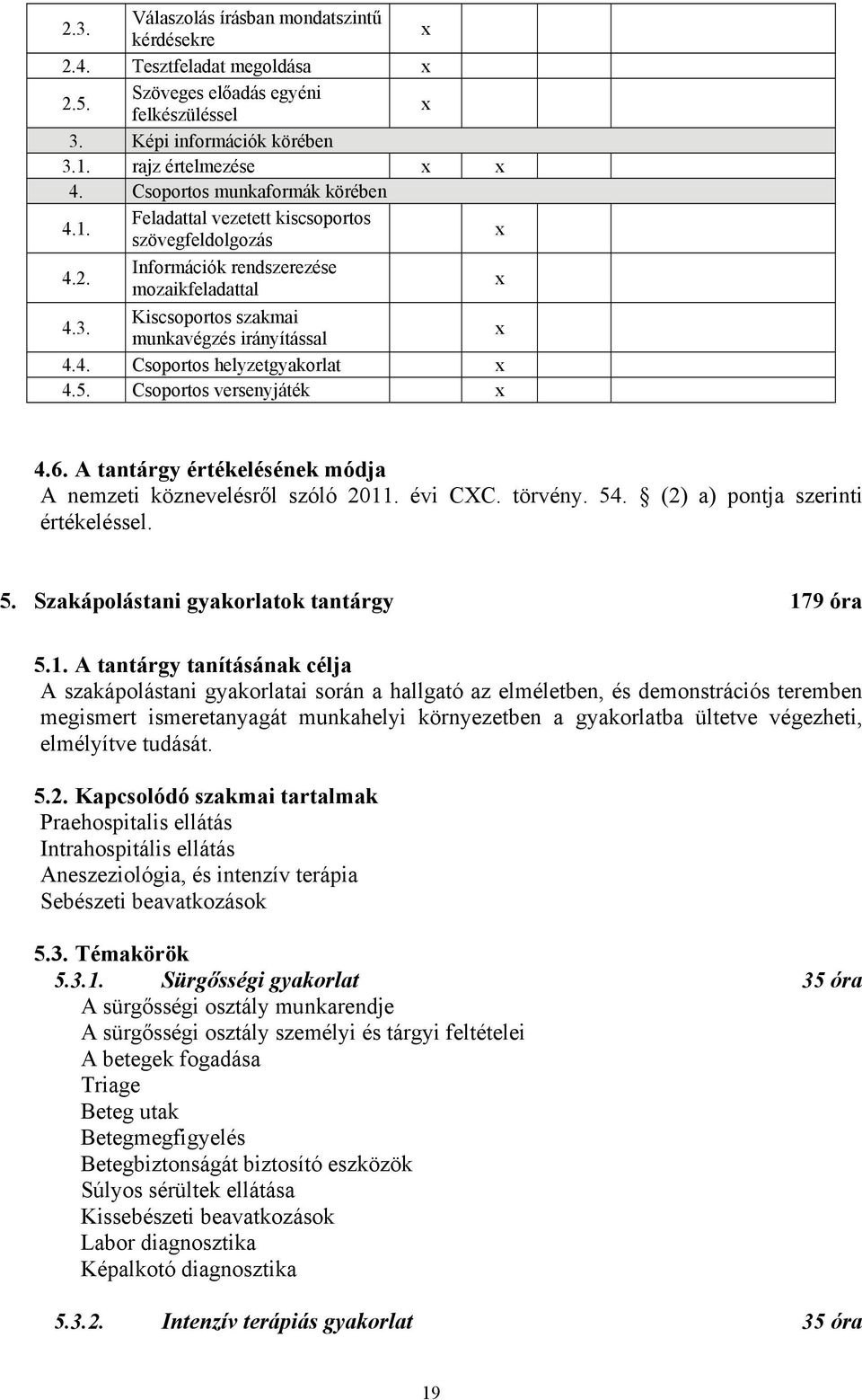 5. Csoportos versenyjáték 4.6. A tantárgy értékelésének módja A nemzeti köznevelésről szóló 2011. évi CXC. törvény. 54. (2) a) pontja szerinti értékeléssel. 5. Szakápolástani gyakorlatok tantárgy 179 óra 5.