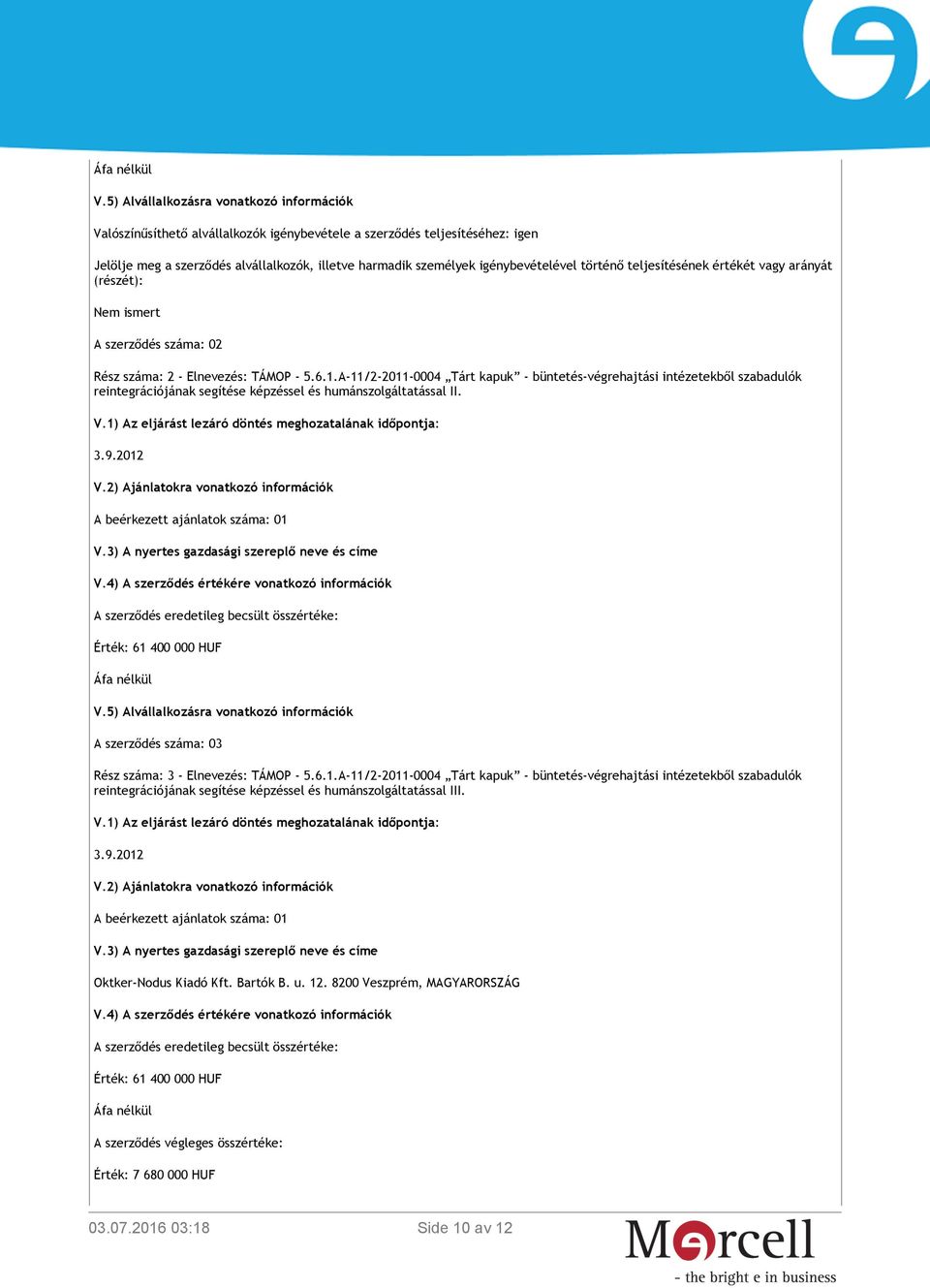 igénybevételével történő teljesítésének értékét vagy arányát (részét): Nem ismert A szerződés száma: 02 Rész száma: 2 - Elnevezés: TÁMOP - 5.6.1.