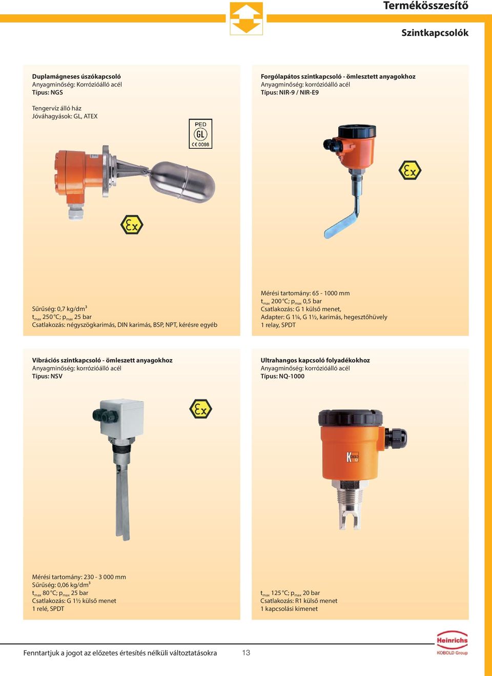 G 1 külső menet, Adapter: G 1¼, G 1½, karimás, hegesztőhüvely 1 relay, SPDT Vibrációs szintkapcsoló - ömleszett anyagokhoz Típus: NSV Ultrahangos kapcsoló folyadékokhoz Típus: NQ-1000 Mérési