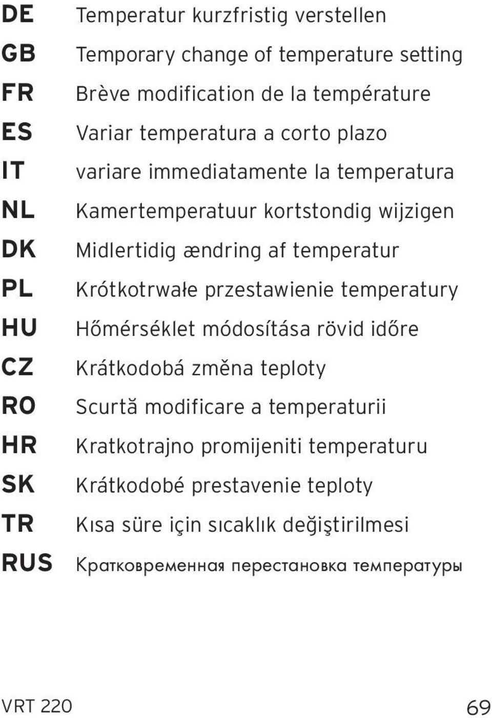 temperatur Krótkotrwałe przestawienie temperatury Hőmérséklet módosítása rövid időre Krátkodobá změna teploty Scurtă modificare a temperaturii