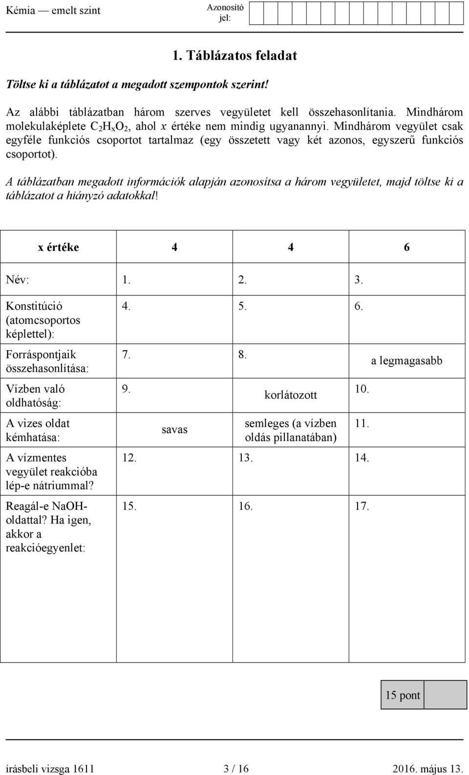 A táblázatban megadott információk alapján azonosítsa a három vegyületet, majd töltse ki a táblázatot a hiányzó adatokkal! x értéke 4 4 6 Név: 1. 2. 3.