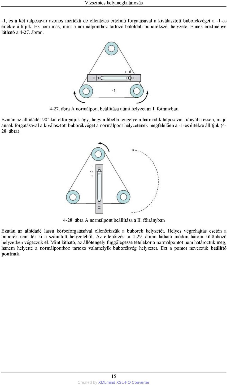 főirányban Ezután az alhidádét 90 -kal elforgatjuk úgy, hogy a libella tengelye a harmadik talpcsavar irányába essen, majd annak forgatásával a kiválasztott buborékvéget a normálpont helyzetének