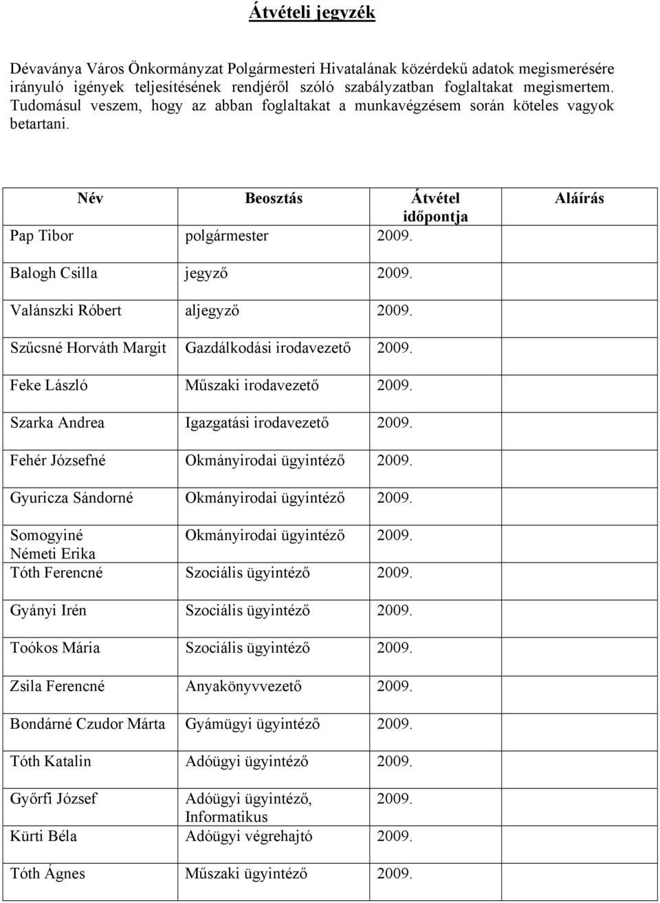 Valánszki Róbert aljegyző 2009. Szűcsné Horváth Margit Gazdálkodási irodavezető 2009. Feke László Műszaki irodavezető 2009. Szarka Andrea Igazgatási irodavezető 2009.